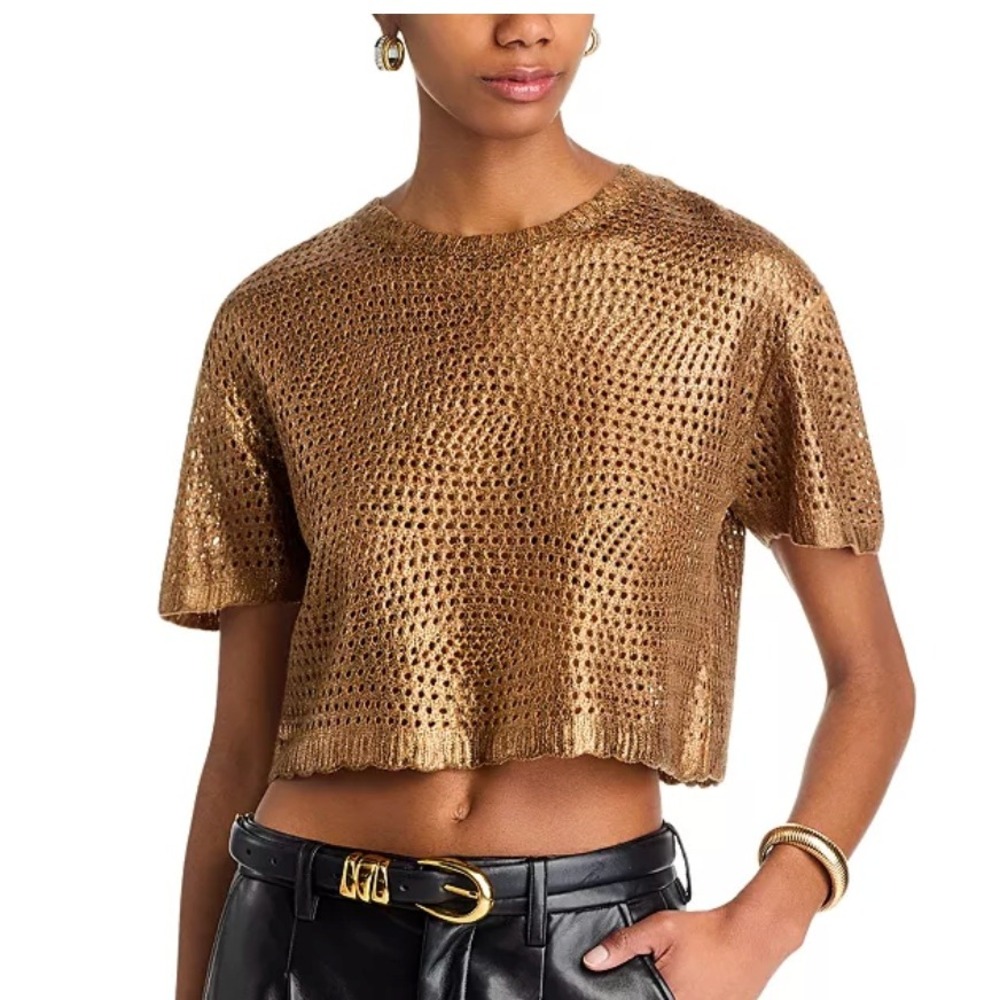 Steve Madden Biana Crochet Sweater Small Metallic Gold Bronze Cropped Boho Luxe